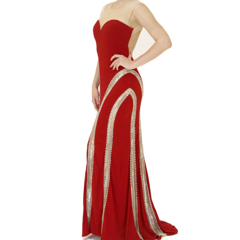 NWT Jovani evening dress, Stretch Jersey, Open Back, dark red size 8,